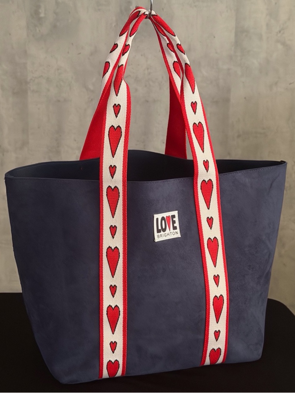 Brighton Love Faux Velveteen Navy Blue White Red Hearts Love Tote Bag